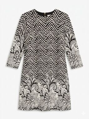 Prelude Black White Chevron Floral Knit Dress Size M 3/4 Sleeve Size M